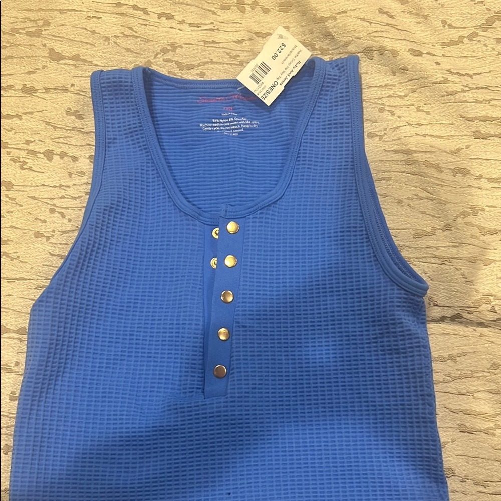 Blue Sleeveless Top with Gold Buttons